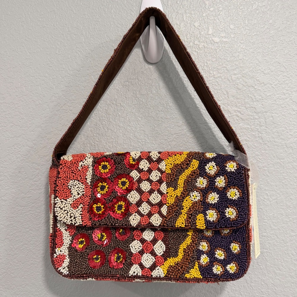 NEW Handcrafted Beaded Floral Patchwork Shoulder Bag Multicolor Sequin India